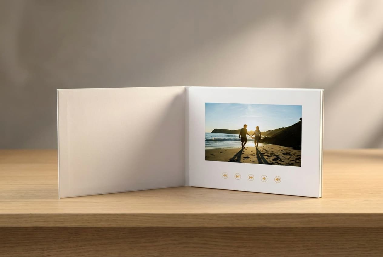 Videobook keepsake β hardback book open with the video playing on the built-in screen